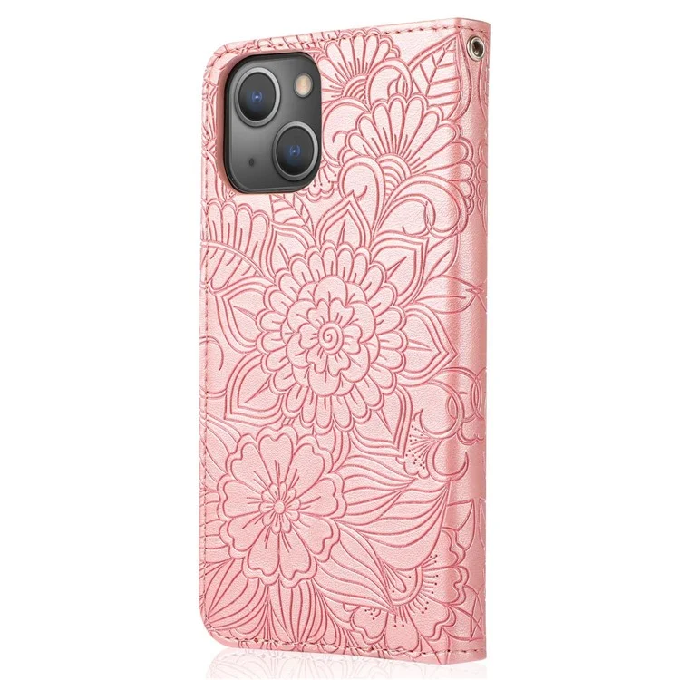 For iPhone 14 Imprinted Flower Pattern PU Leather Phone Cover Stand Shockproof Phone Wallet Case with Strap - Pink