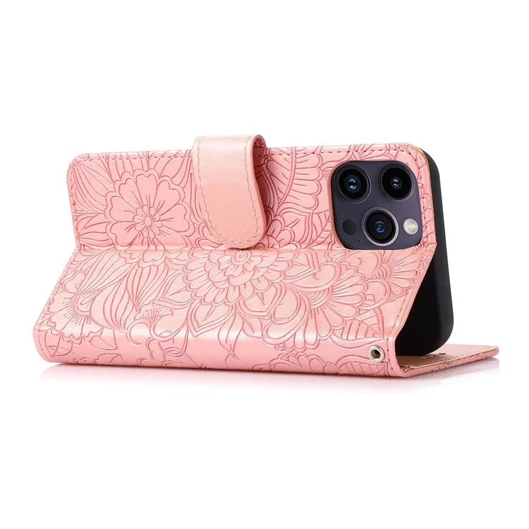 Para iPhone 14 Pro Anti-scratch Wallet Case Imprinted Flower Pattern PU Leather Stand Phone Shell com Alça - Rosa