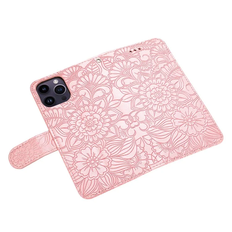 Para iPhone 14 Pro Anti-scratch Wallet Case Imprinted Flower Pattern PU Leather Stand Phone Shell com Alça - Rosa