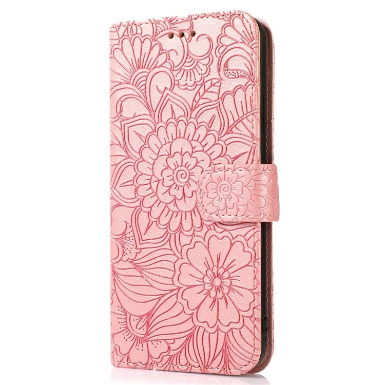 Para iPhone 14 Pro Anti-scratch Wallet Case Imprinted Flower Pattern PU Leather Stand Phone Shell com Alça - Rosa