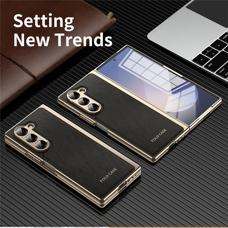 Pour Samsung Galaxy Z Fold6 5G Étui Revêtement en cuir PU Téléphone Couverture Électroplaquée avec Protecteur d'écran intégré - Noir