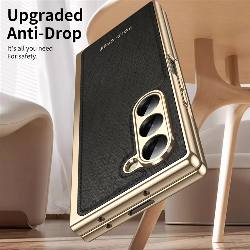 Pour Samsung Galaxy Z Fold6 5G Étui Revêtement en cuir PU Téléphone Couverture Électroplaquée avec Protecteur d'écran intégré - Noir