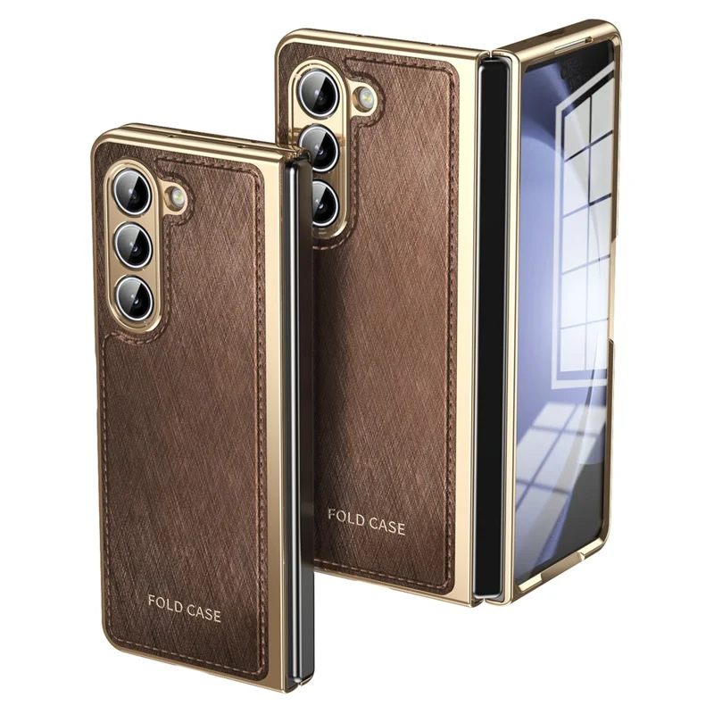 For Samsung Galaxy Z Fold5 5G Case PU Leather Coated PC Electroplated Phone Cover Built In Screen Protector - Brown