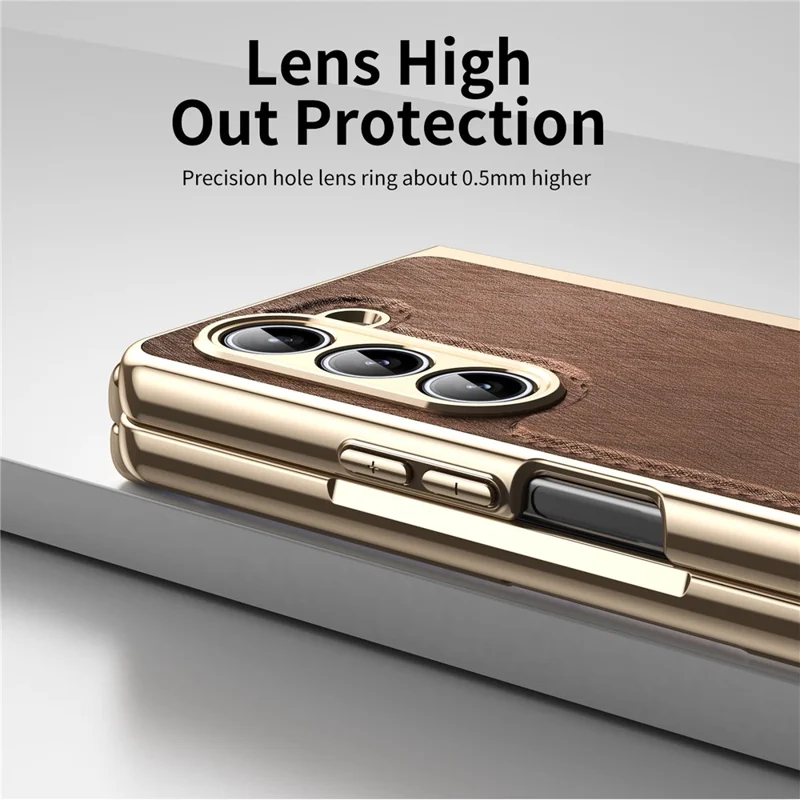 For Samsung Galaxy Z Fold5 5G Case PU Leather Coated PC Electroplated Phone Cover Built In Screen Protector - Brown
