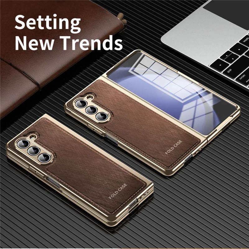 For Samsung Galaxy Z Fold5 5G Case PU Leather Coated PC Electroplated Phone Cover Built In Screen Protector - Brown