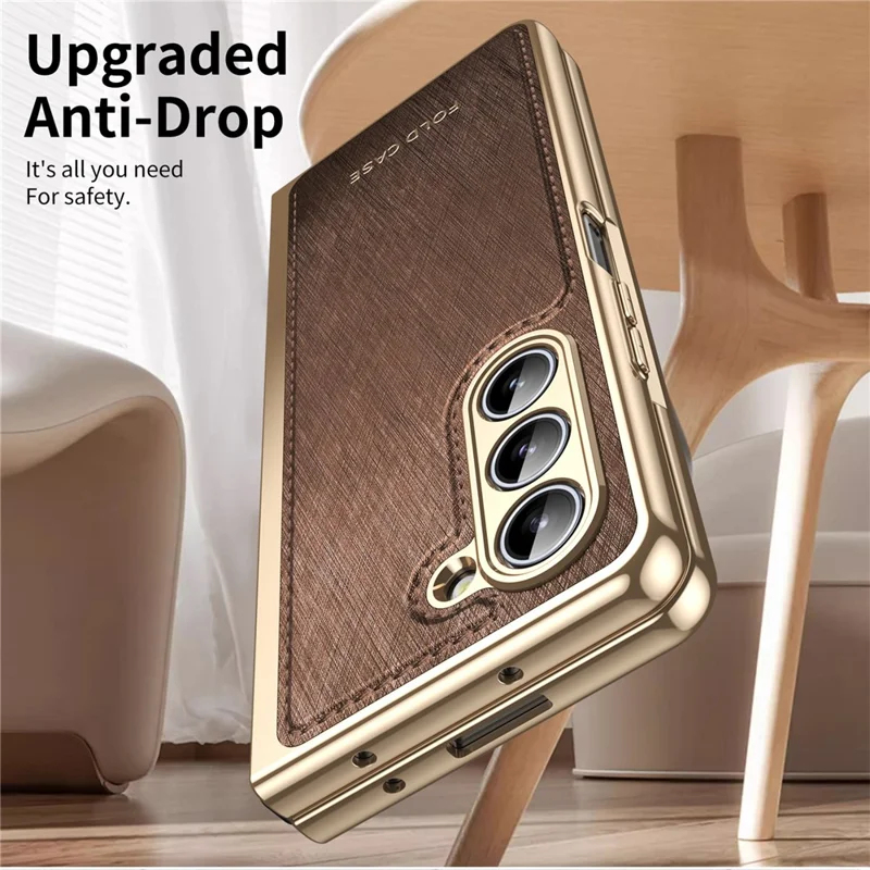 For Samsung Galaxy Z Fold5 5G Case PU Leather Coated PC Electroplated Phone Cover Built In Screen Protector - Brown