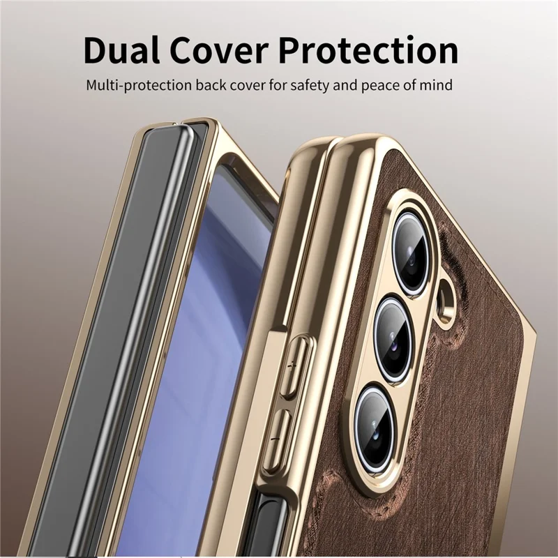 For Samsung Galaxy Z Fold5 5G Case PU Leather Coated PC Electroplated Phone Cover Built In Screen Protector - Brown