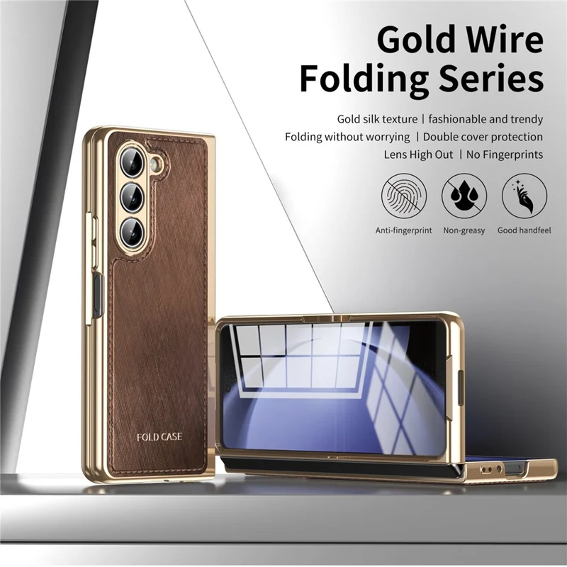 For Samsung Galaxy Z Fold5 5G Case PU Leather Coated PC Electroplated Phone Cover Built In Screen Protector - Brown
