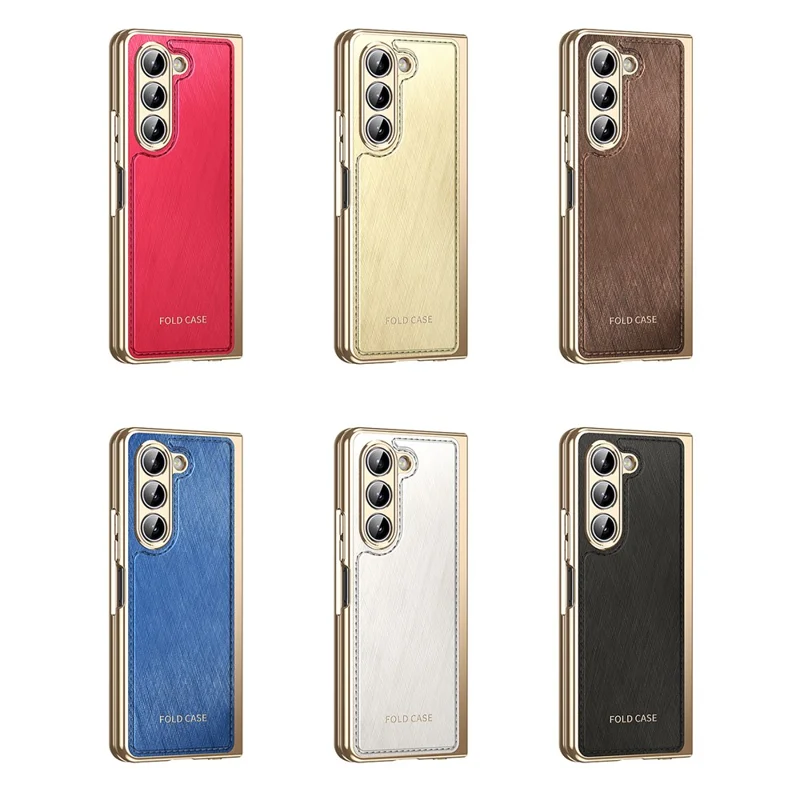 For Samsung Galaxy Z Fold5 5G Case PU Leather Coated PC Electroplated Phone Cover Built In Screen Protector - Brown