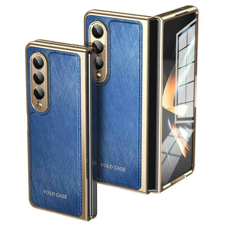 For Samsung Galaxy Z Fold4 5G Case PU Leather Coated PC Electroplated Phone Cover Built In Screen Protector - Blue