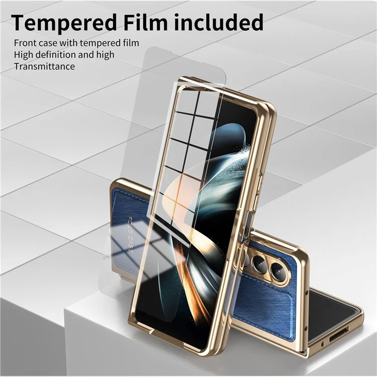 For Samsung Galaxy Z Fold4 5G Case PU Leather Coated PC Electroplated Phone Cover Built In Screen Protector - Blue