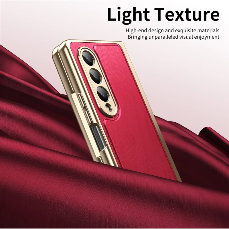 For Samsung Galaxy Z Fold4 5G Case PU Leather Coated PC Electroplated Phone Cover Built In Screen Protector - Red