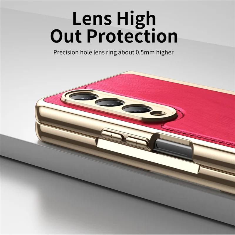 For Samsung Galaxy Z Fold4 5G Case PU Leather Coated PC Electroplated Phone Cover Built In Screen Protector - Red