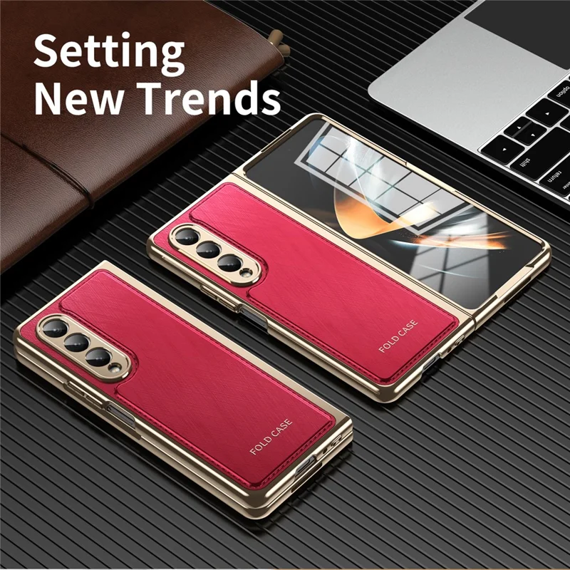 For Samsung Galaxy Z Fold4 5G Case PU Leather Coated PC Electroplated Phone Cover Built In Screen Protector - Red