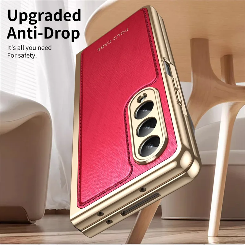 For Samsung Galaxy Z Fold4 5G Case PU Leather Coated PC Electroplated Phone Cover Built In Screen Protector - Red