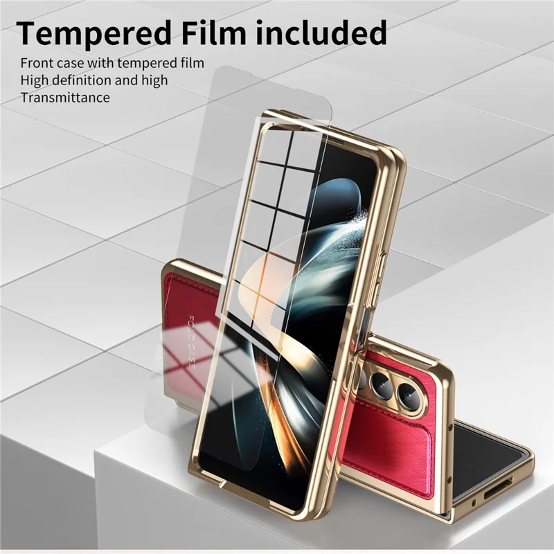 For Samsung Galaxy Z Fold4 5G Case PU Leather Coated PC Electroplated Phone Cover Built In Screen Protector - Red