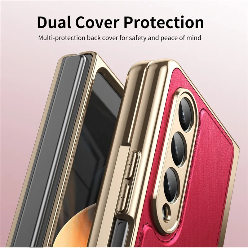 For Samsung Galaxy Z Fold4 5G Case PU Leather Coated PC Electroplated Phone Cover Built In Screen Protector - Red
