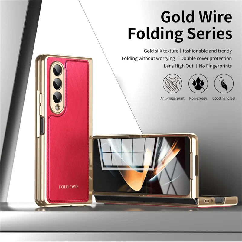For Samsung Galaxy Z Fold4 5G Case PU Leather Coated PC Electroplated Phone Cover Built In Screen Protector - Red