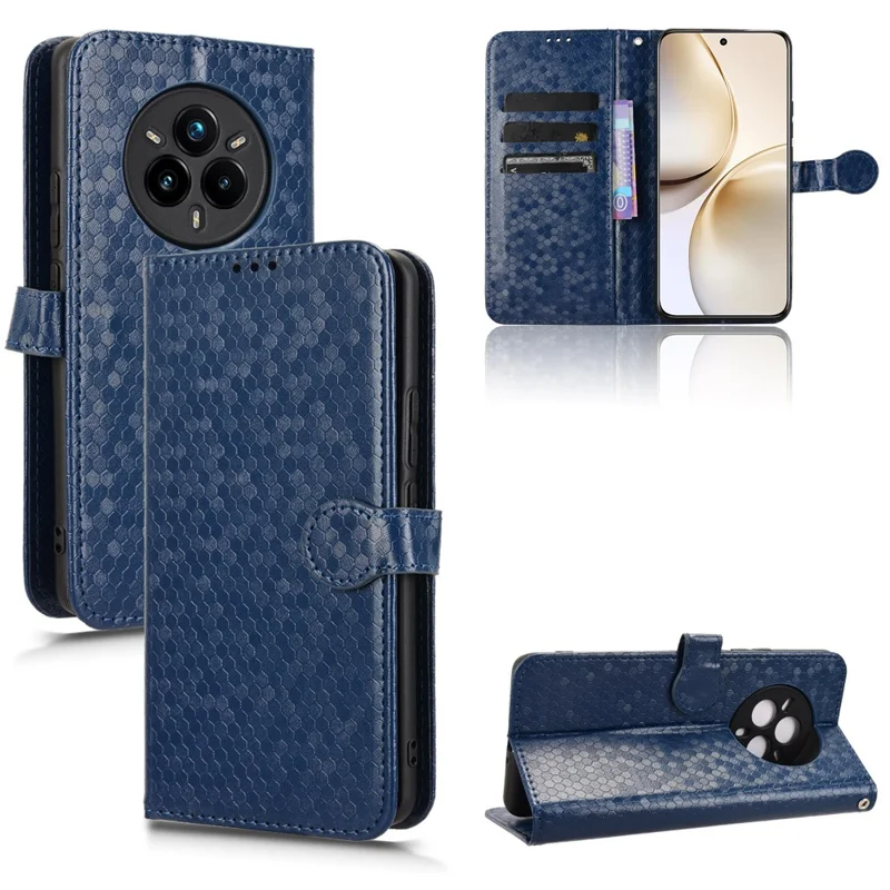 For Realme 14 Pro+ 5G Wallet Case Dot Pattern Imprint PU Leather Phone Cover - Dark Blue
