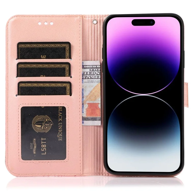 cu Leather Phone Case Для Iphone 14 Pro Max, Отпечатанная Цветочная Подставка Для Кошелька с Ремешком с Ремешком - Розовый