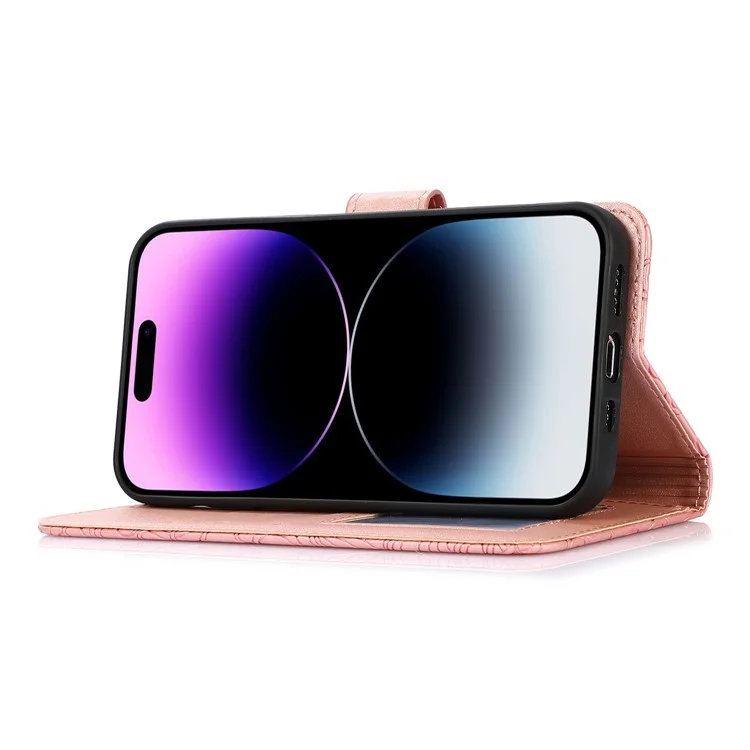 cu Leather Phone Case Для Iphone 14 Pro Max, Отпечатанная Цветочная Подставка Для Кошелька с Ремешком с Ремешком - Розовый