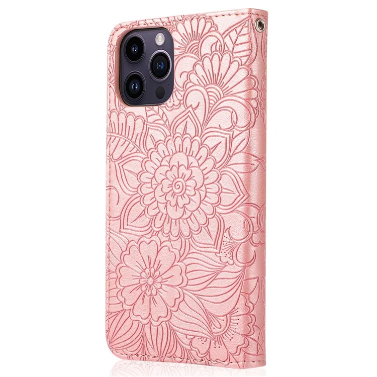 cu Leather Phone Case Для Iphone 14 Pro Max, Отпечатанная Цветочная Подставка Для Кошелька с Ремешком с Ремешком - Розовый