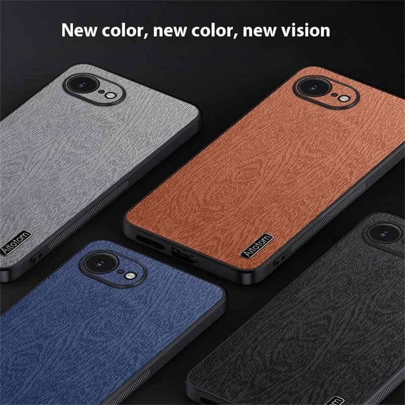 For iPhone 16e Case Wood Texture PU Leather Coated PC TPU Phone Cover - Black