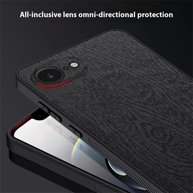 For iPhone 16e Case Wood Texture PU Leather Coated PC TPU Phone Cover - Black