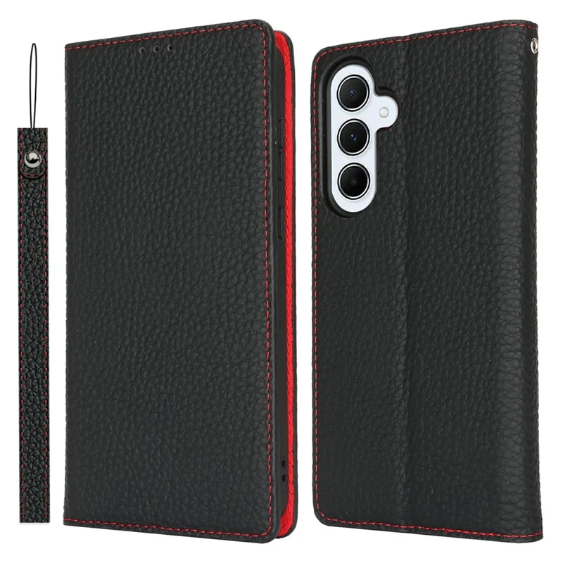 Cover a portafoglio per Samsung Galaxy S25+ in vera pelle di mucca, con texture a buccia di litchi - Nero