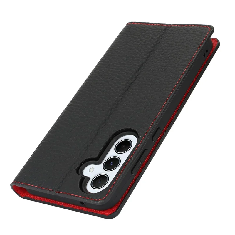 Cover a portafoglio per Samsung Galaxy S25+ in vera pelle di mucca, con texture a buccia di litchi - Nero