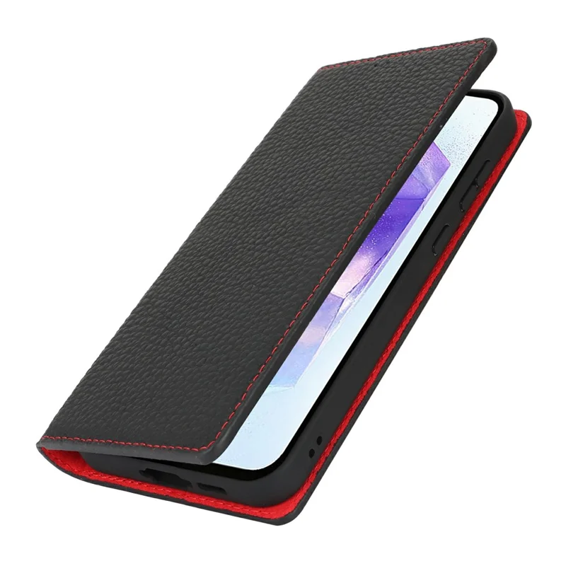 Cover a portafoglio per Samsung Galaxy S25+ in vera pelle di mucca, con texture a buccia di litchi - Nero