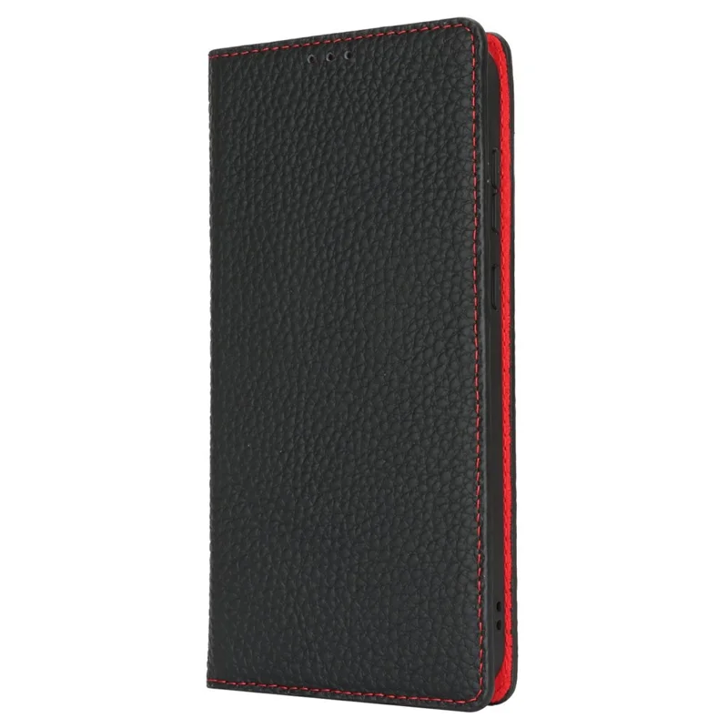Cover a portafoglio per Samsung Galaxy S25+ in vera pelle di mucca, con texture a buccia di litchi - Nero