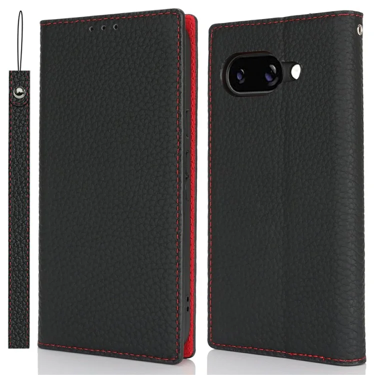 Для чехла-бумажника Google Pixel 9a Genuine Cow Leather Phone Cover Litchi Texture - Black