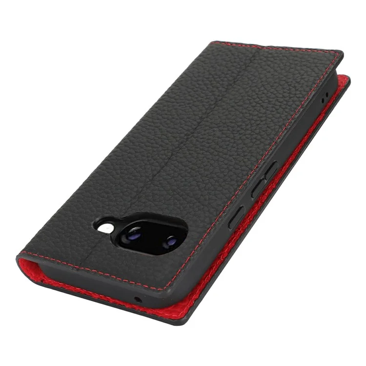 Для чехла-бумажника Google Pixel 9a Genuine Cow Leather Phone Cover Litchi Texture - Black