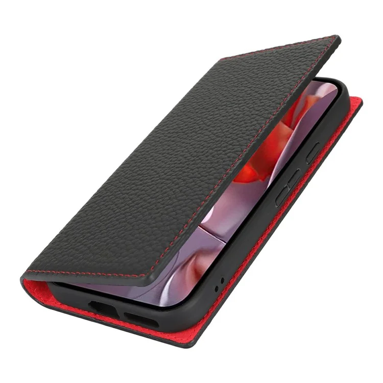 Для чехла-бумажника Google Pixel 9a Genuine Cow Leather Phone Cover Litchi Texture - Black