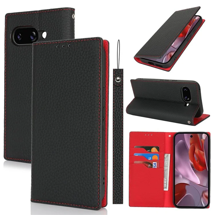Для чехла-бумажника Google Pixel 9a Genuine Cow Leather Phone Cover Litchi Texture - Black