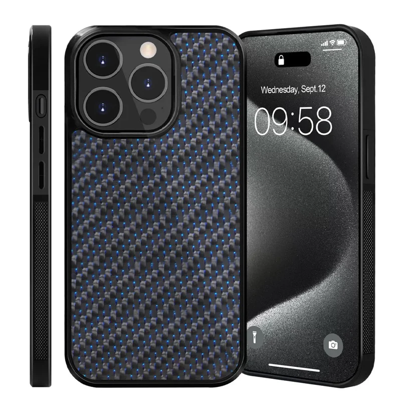 For iPhone 15 Pro Max Case Twill Texture Aramid Fiber + TPU Shockproof Phone Cover - Blue