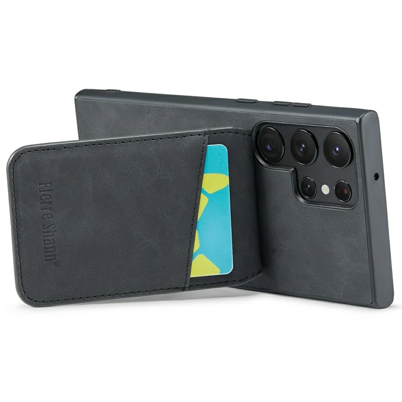 FIERRE SHANN For Samsung Galaxy S25 Ultra Case Card Holder Kickstand Leather RFID Blocking Back Cover - Black