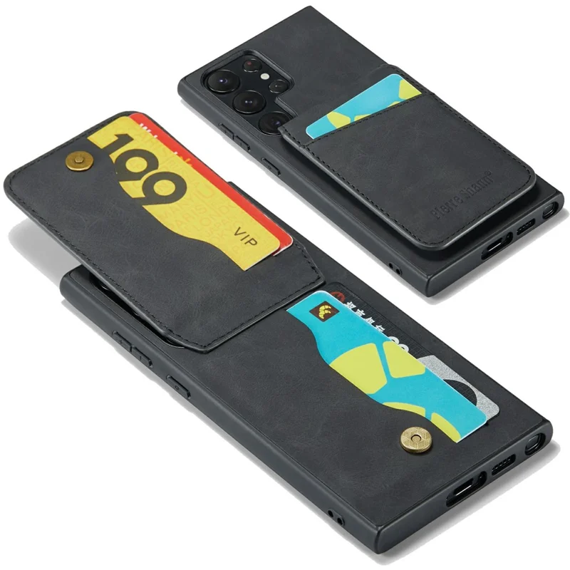 FIERRE SHANN For Samsung Galaxy S25 Ultra Case Card Holder Kickstand Leather RFID Blocking Back Cover - Black