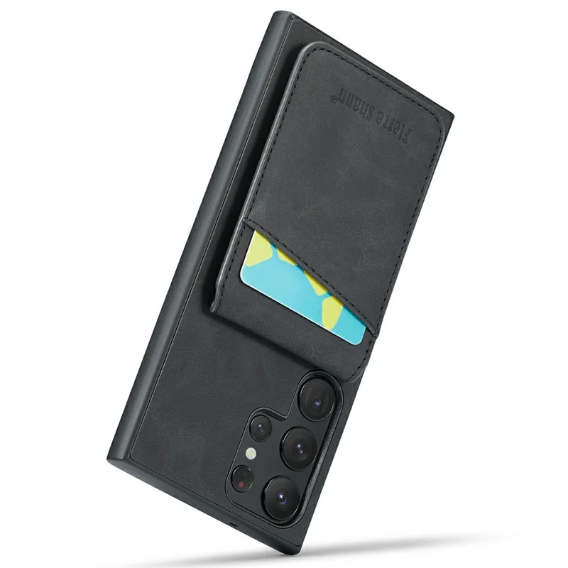 FIERRE SHANN For Samsung Galaxy S25 Ultra Case Card Holder Kickstand Leather RFID Blocking Back Cover - Black