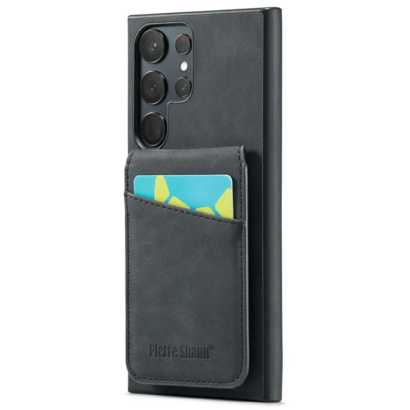 FIERRE SHANN For Samsung Galaxy S25 Ultra Case Card Holder Kickstand Leather RFID Blocking Back Cover - Black