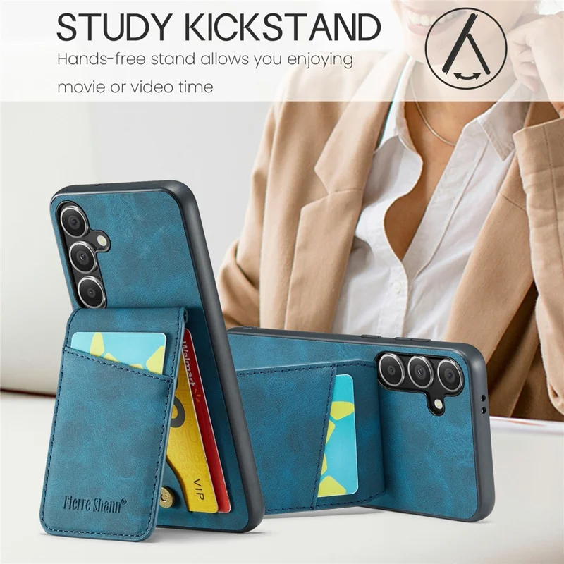 FIERRE SHANN Pour Samsung Galaxy S25+ Étui Porte-Carte Support Cuir Blocage RFID Housse Arrière - Bleu