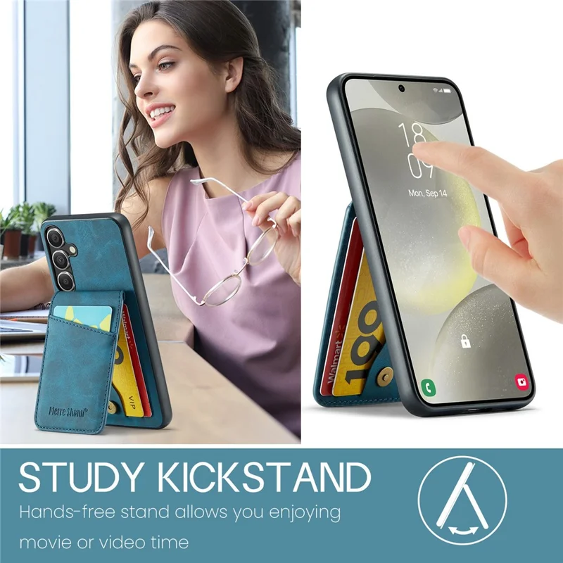 FIERRE SHANN Pour Samsung Galaxy S24 FE Étui Porte-Carte Support Cuir Blocage RFID Housse Arrière - Bleu