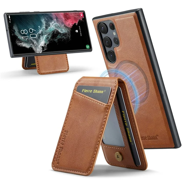 FIERRE SHANN 025 Style For Samsung Galaxy S25 Ultra Case Leather + TPU Detachable Card Slots Phone Cover - Brown
