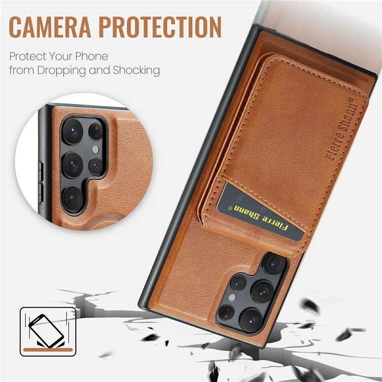 FIERRE SHANN 025 Style For Samsung Galaxy S25 Ultra Case Leather + TPU Detachable Card Slots Phone Cover - Brown