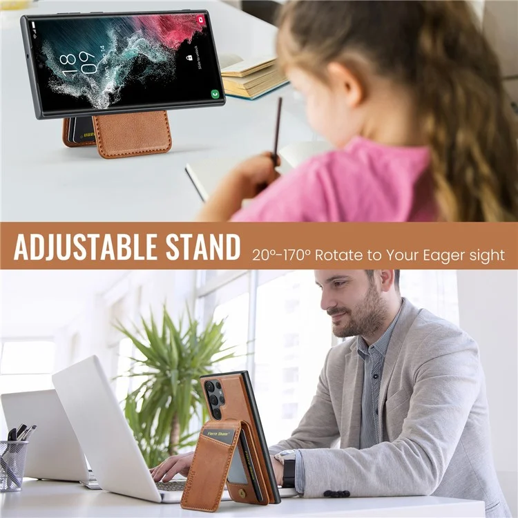 FIERRE SHANN 025 Style For Samsung Galaxy S25 Ultra Case Leather + TPU Detachable Card Slots Phone Cover - Brown