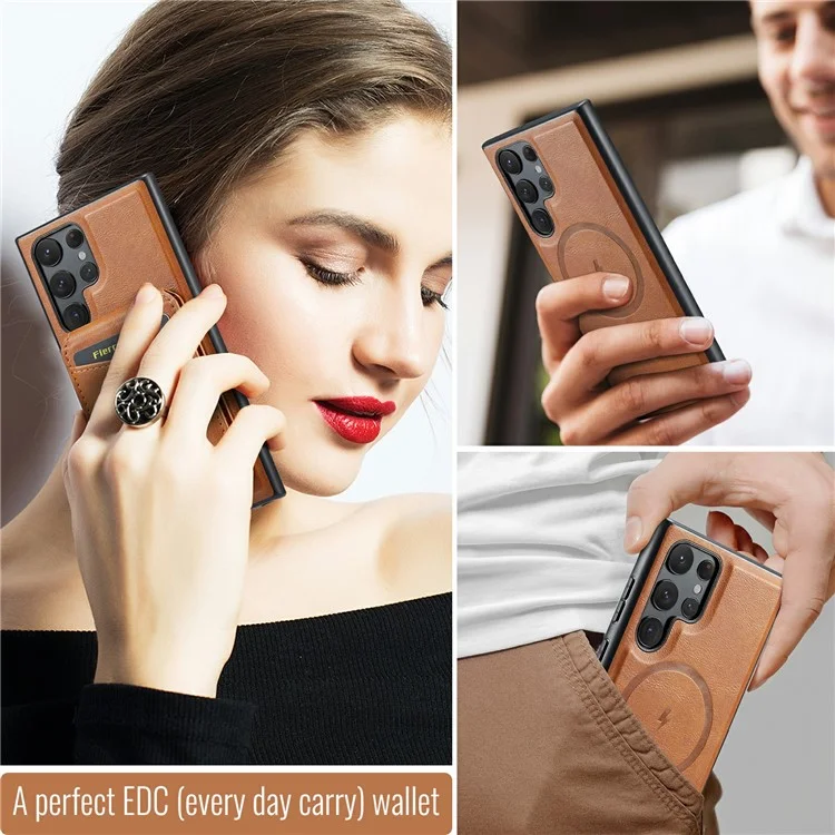 FIERRE SHANN 025 Style For Samsung Galaxy S25 Ultra Case Leather + TPU Detachable Card Slots Phone Cover - Brown