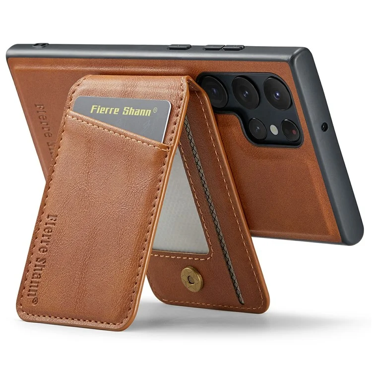 FIERRE SHANN 025 Style For Samsung Galaxy S25 Ultra Case Leather + TPU Detachable Card Slots Phone Cover - Brown