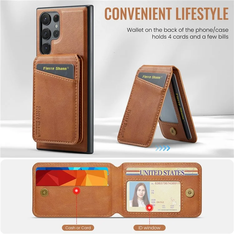 FIERRE SHANN 025 Style For Samsung Galaxy S25 Ultra Case Leather + TPU Detachable Card Slots Phone Cover - Brown