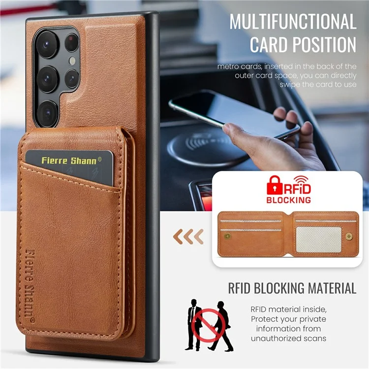 FIERRE SHANN 025 Style For Samsung Galaxy S25 Ultra Case Leather + TPU Detachable Card Slots Phone Cover - Brown